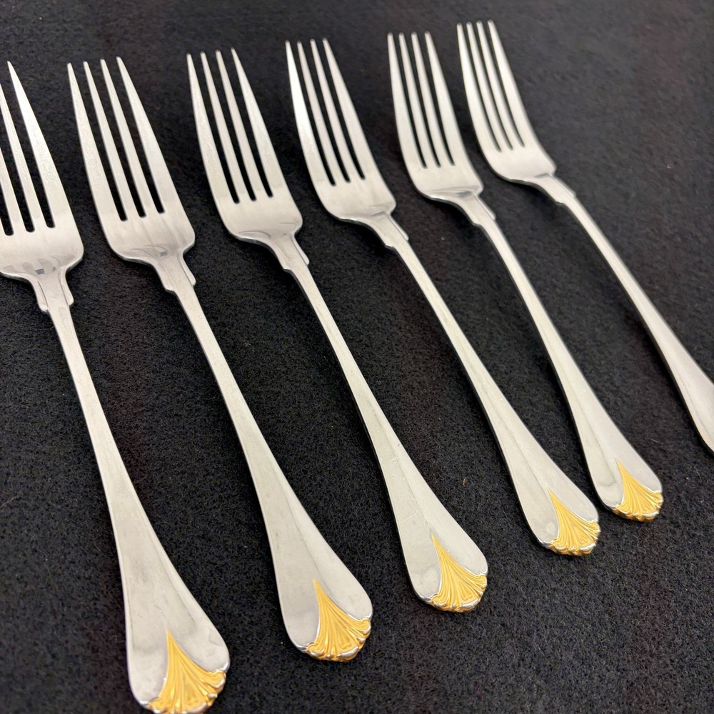 Set of 6 Yamazaki Cara Gold Accent Stainless‎ Dinner Forks Dining Flatware Japan